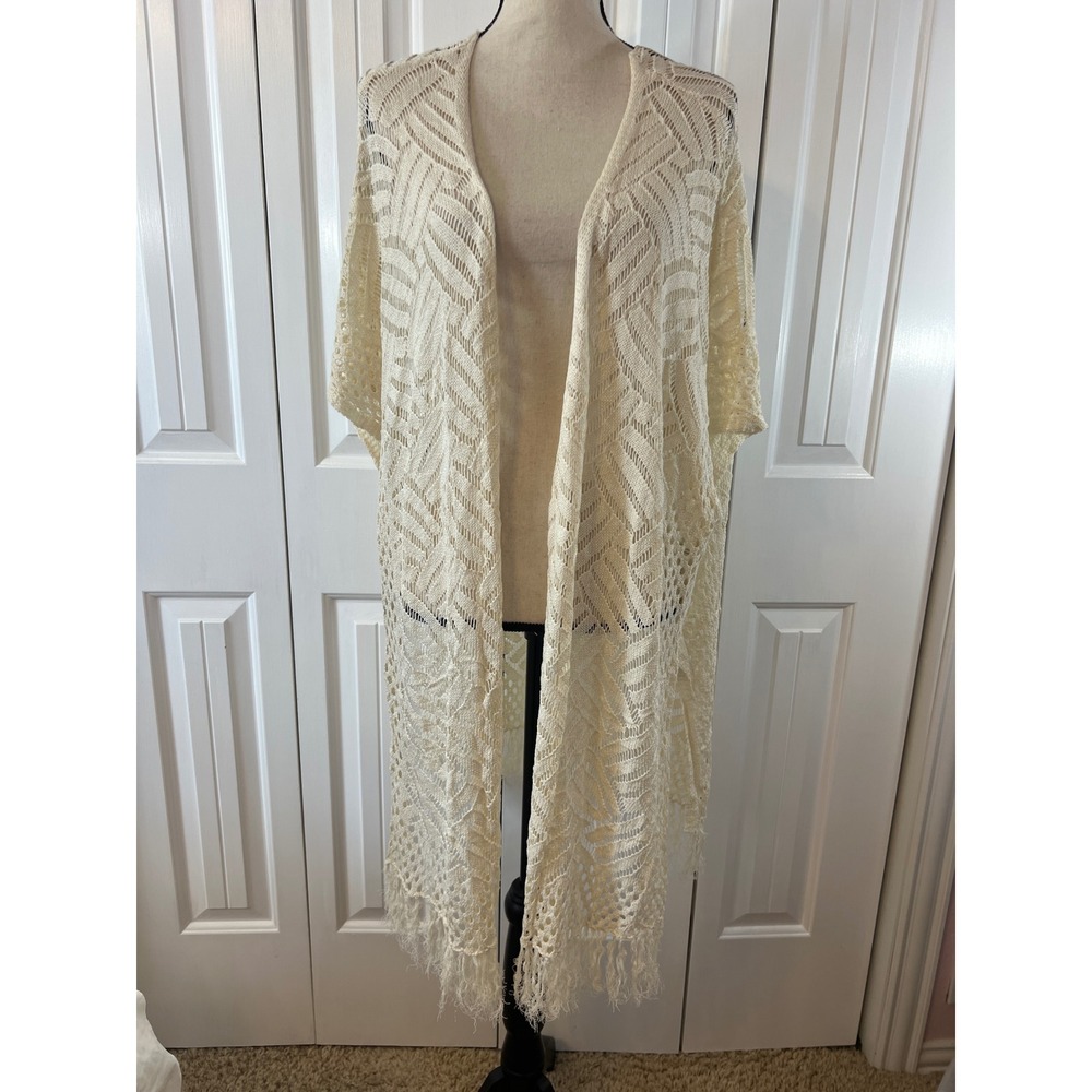 Hotouch Womens XXL Cream Pointelle Knit Fringe Hem Open Front Cardigan Kimono